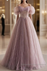 Unique And Elegant Dark Pink Sequin Off The Shoulder Short Sleeved Ball Dress Dark Pink A-Line Princess Glitter Beaded Backless And Ground Length Semi Formal Prom Dress